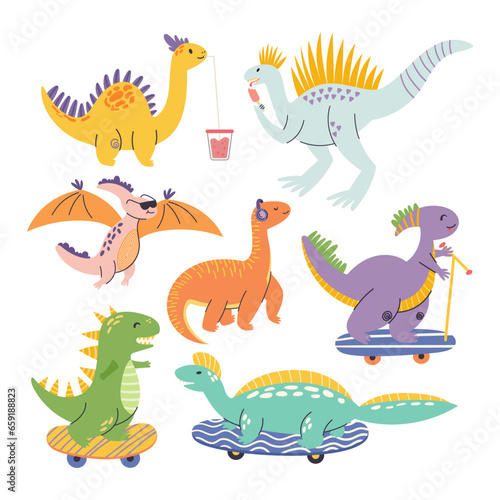 Adorable Dinosaur Characters Riding Skateboards, wear Sunglasses, Drink Cocktails. Playful, Colorful Children Design