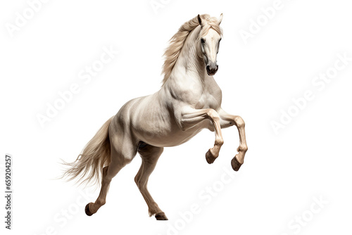 White horse isolated on transparent background rearing. Animal right side portrait.