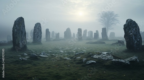 Stonehenge surrounded by a mystical fog in a vast field