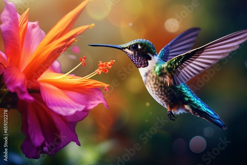 A hummingbird in flight near a vibrant flower with a blurred background