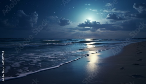 A serene beach illuminated by the radiant glow of a full moon