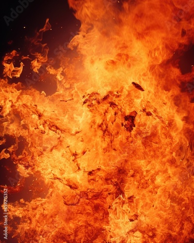 Closeup of an explosion, the vibrant orange and red flames engulfing everything in its path, leaving behind a trail of destruction.