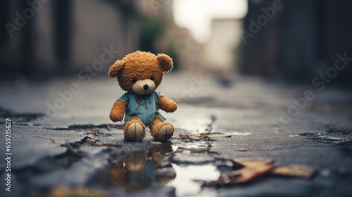 Closeup of a childs toy abandoned on a orn street, a heartbreaking image of innocence lost.