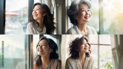 明るい窓辺で微笑む40代～60代の日本人女性のポートレートセット