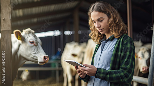 Female farmer with tablet pc standing by cow at cattle farm