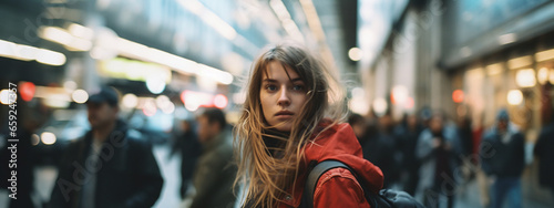 Young beautiful girl in a crowd of people look at the camera. Blurred motion blur people at New York City walking on street