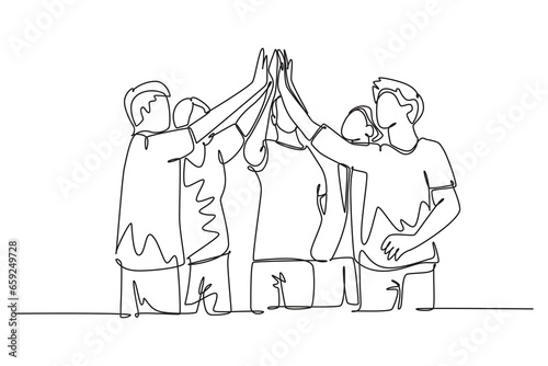 Single continuous line drawing group of man and woman celebrating their successive goal with high five gesture together. Business meeting deal concept. One line draw graphic design vector illustration