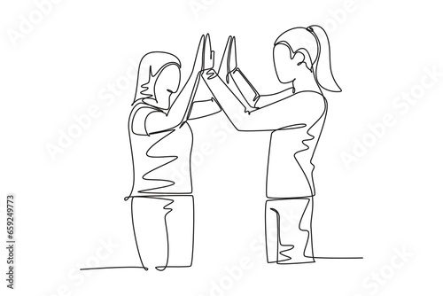 Single one line drawing two best friends girls reunite and giving high five gesture when meeting at the street. Happy friendship concept. Modern continuous line draw design graphic vector illustration