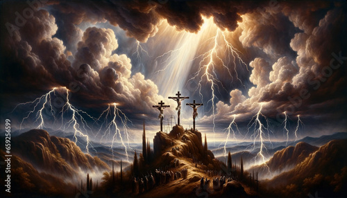 Electrified Crucifixion as Golgotha's Drama Unfolds: Divine Illumination of the death of Jesus Christ on the Cross between two Criminals amidst Dramatic Lightning, Dark Clouds, and Golden Sun Rays.