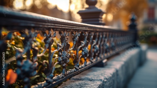 Outdoor barrier made of iron railing with sunshine