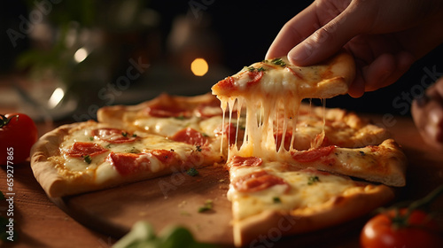 Fantastic Woman Taking Slice of Hot Cheese Pizza Margherita