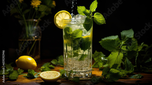 Lemonade, mojito cocktail with lemon and mint