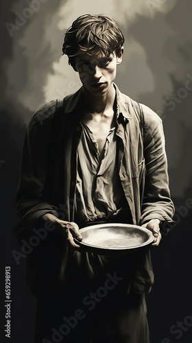 An emaciated starving man with an empty metal bowl in his hands. Worn-out clothes hang from his thin body. The concept of extreme need, hunger and poverty after the First World War. Copy space.