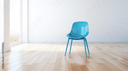 Blue plastic chair in white room with wood floor