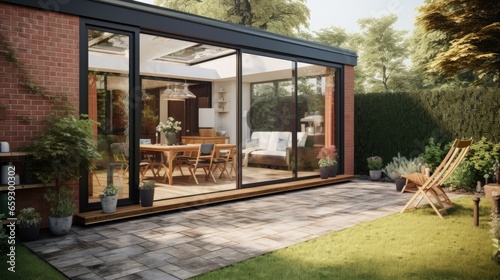 Contemporary sunroom or conservatory in the garden with a paved patio