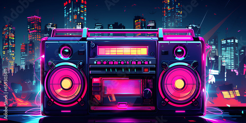 Illustrated boombox with neon lights 
