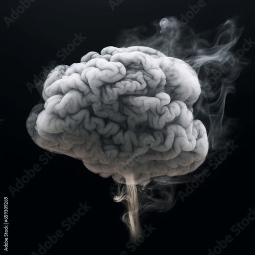 Gray smoke in the form of a human brain, on a dark background