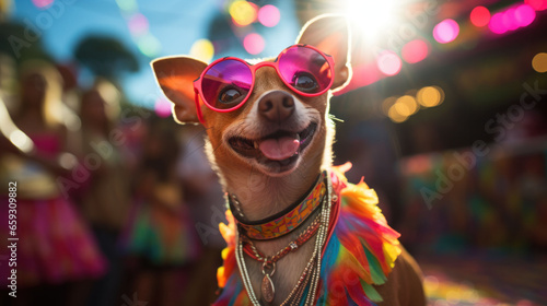 A jovial party dog, adorned in bright carnival clothes and fashionable shades, revels in the city's street festivities during a vibrant celebration. 