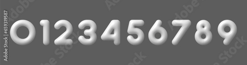 3d white numbers. Realistic gray plastic bubble digits, inflated mathematic 10 number from 0 to 9 for banner cover birthday anniversary isolated vector set