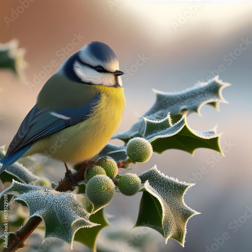 Blue tit (Cyanistes caeruleus) perched on a holly branch. Generated by AI