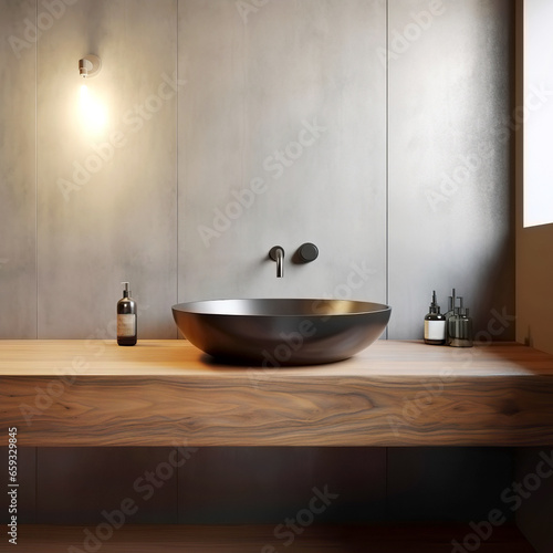 Stylish black vessel sink and faucet on wall mounted wooden countertop near concrete tiled wall with copy space. Minimalist interior design of modern bathroom.