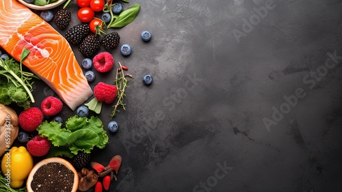 Assorted food for brain health and good memory: fresh salmon, vegetables, nuts, berries on stone background. Healthy fresh products to boost brain power, top view