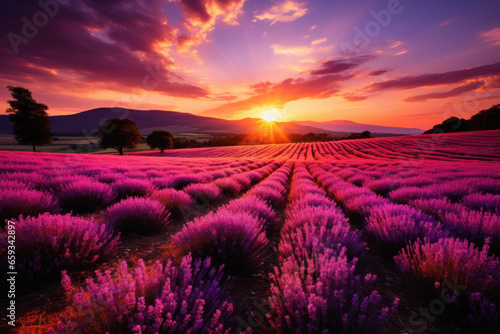 Rows of lavender bushes and flowers on a farm at sunset