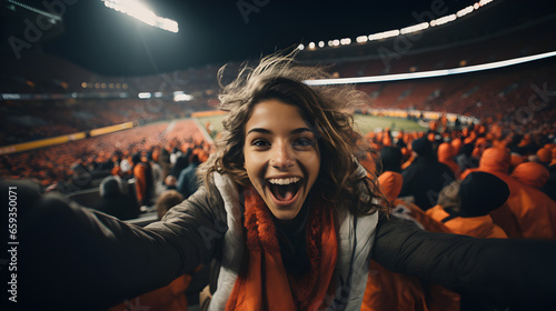 jeune femme souriante qui se prend en selfie dans un stade