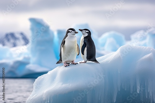 Gentoo penguins on iceberg, Antarctic Peninsula, Antarctica, chinstrap penguins, Pygoscelis antarctica, on an iceberg off the South Shetland Islands, AI Generated