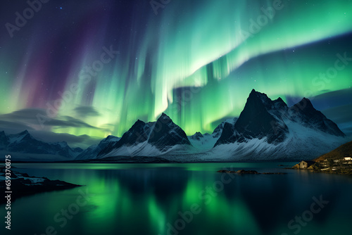 Aurora borealis over the sea, snowy mountains and city lights at night. Northern lights in Lofoten islands, Norway. Starry sky with polar lights. 