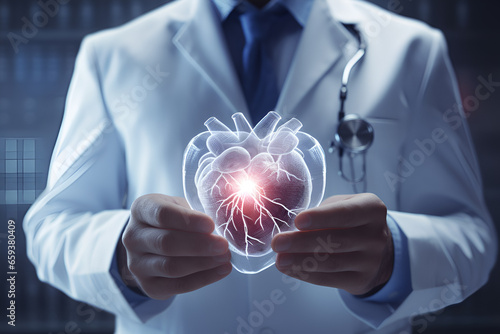 Male doctor holding anatomical model of the human heart. Cardiological consultation, treatment of heart diseases. Medical concept