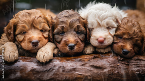 Cute Cocker Spaniel puppies sleep sweetly on wood in the rain