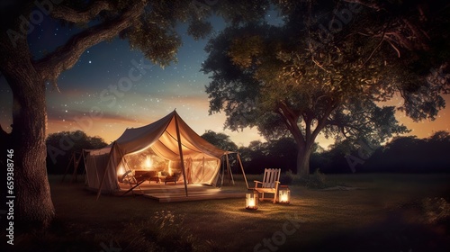 Serenade of stars Tent set up under the night sky, embracing tranquility.
