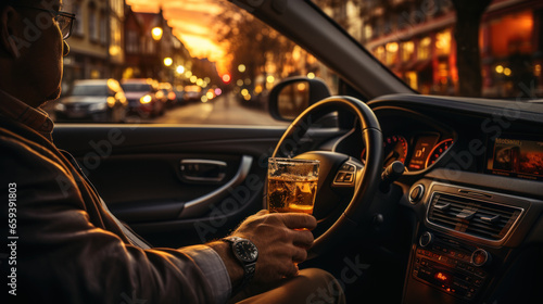 Drunk man driving a car with a glass of beer in his hand.