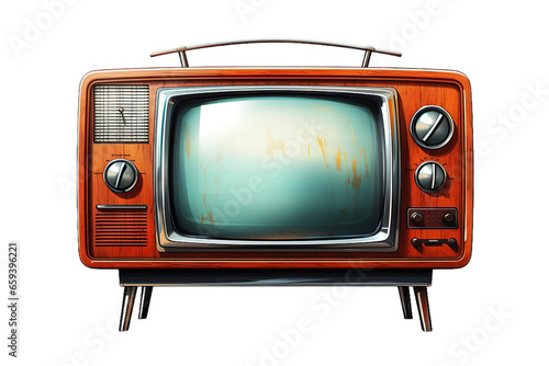 Front view of retro old TV with blank screen isolated on white background. Clipping path included