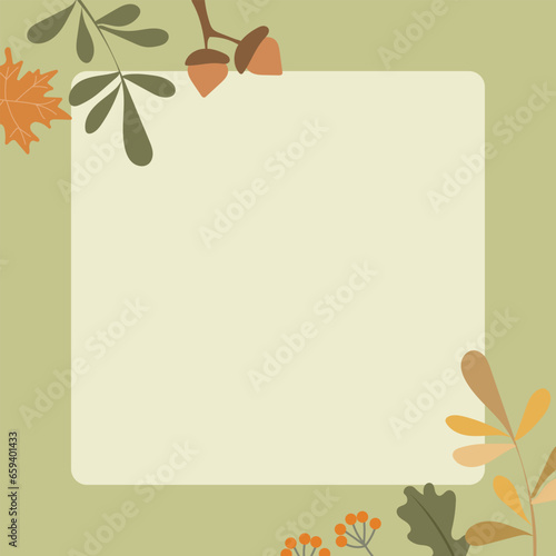 Autumn mood greeting card poster template. Minimalist postcard, baner nature leaves, trees, pumpkins, abstract shapes. Vector illustration in flat cartoon style on white background