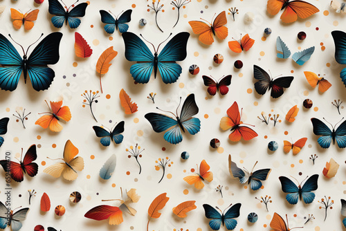 Seamless pattern of flying butterflies blue, yellow and brown colors. Vector illustration in vintage style on white background.
