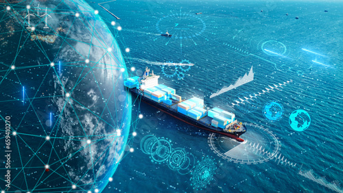 AI Cargo ship technology. Global Logistics international delivery concept, World map logistics and supply chain network distribution container Ship running for export import to customs ocean.
