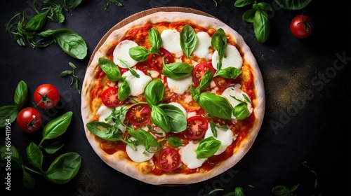  a pizza topped with cheese, tomatoes, and basil leaves. generative ai