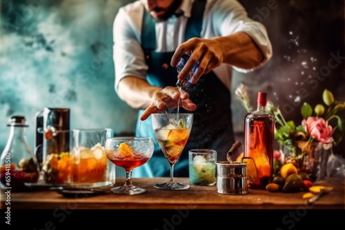 A man is standing in a bar, pouring a liquid from a bottle into a glass. Young bartender on the workplace. Shelves with bottles of alcohol in the background