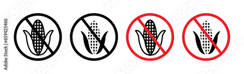 No Corn sign Line Icon Set. Fructose-free syrup vector symbol in black filled and outlined style.