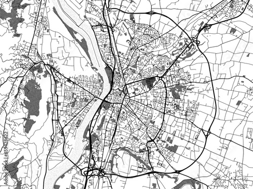 Greyscale vector city map of Valence in France with with water, fields and parks, and roads on a white background.