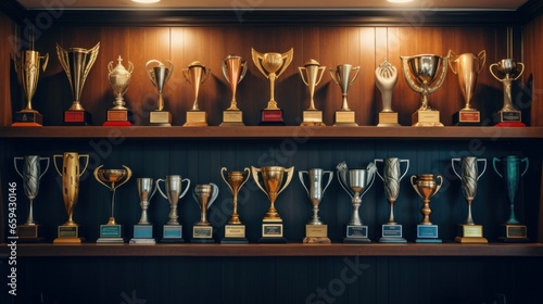 A collection of trophies lined up on a shelf, each showcasing the unique design and style of awards received over time
