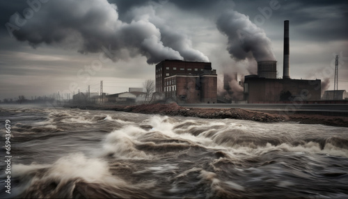 Dirty factory smokestacks pollute nature air and water supply generated by AI