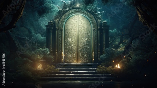 Magic door and gate in the fantasy forest background