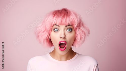 Portrait of young woman with funny surprised expression on her face