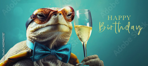 Happy Birthday party celebration greeting card with text - A funny turtle with champagne glass, champagne cheers during a celebration, isolated on blue background