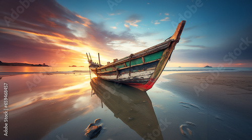 Tropical beach ocean seascape at sunset traditional wooden long tail boat 