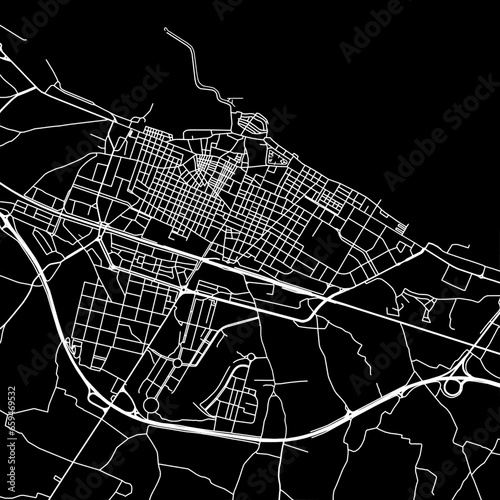 1:1 square aspect ratio vector road map of the city of Molfetta in Italy with white roads on a black background.