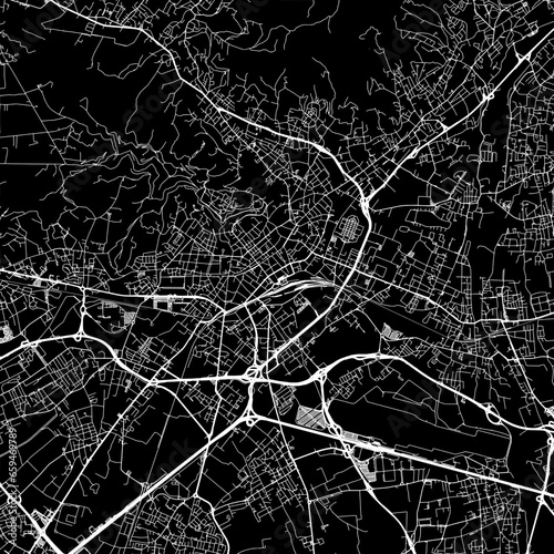 1:1 square aspect ratio vector road map of the city of Bergamo in Italy with white roads on a black background.